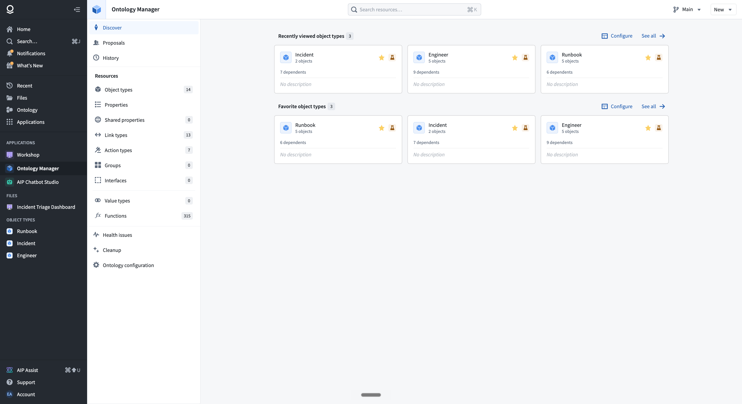 Palantir Foundry Ontology Manager showing the Incident, Engineer, and Runbook object types